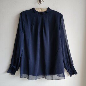 Romantic Navy Semi-Sheer Long Sleeve Blouse with Ruffled Collar – Sz M